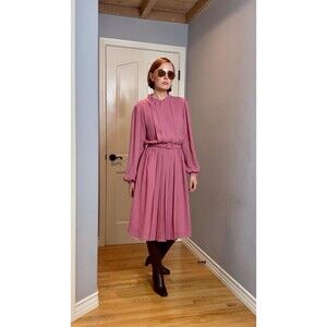Vintage 1970s Jack Bryan Mauve Pink Pleated High Neck Long Sleeve Midi Dress (S)